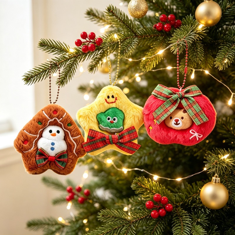 Embroidery Xmas Ornaments - 3er-Pack Plüsch-Weihnachtsornamente mit Stickerei: Schneemann, Lebkuchenhaus,