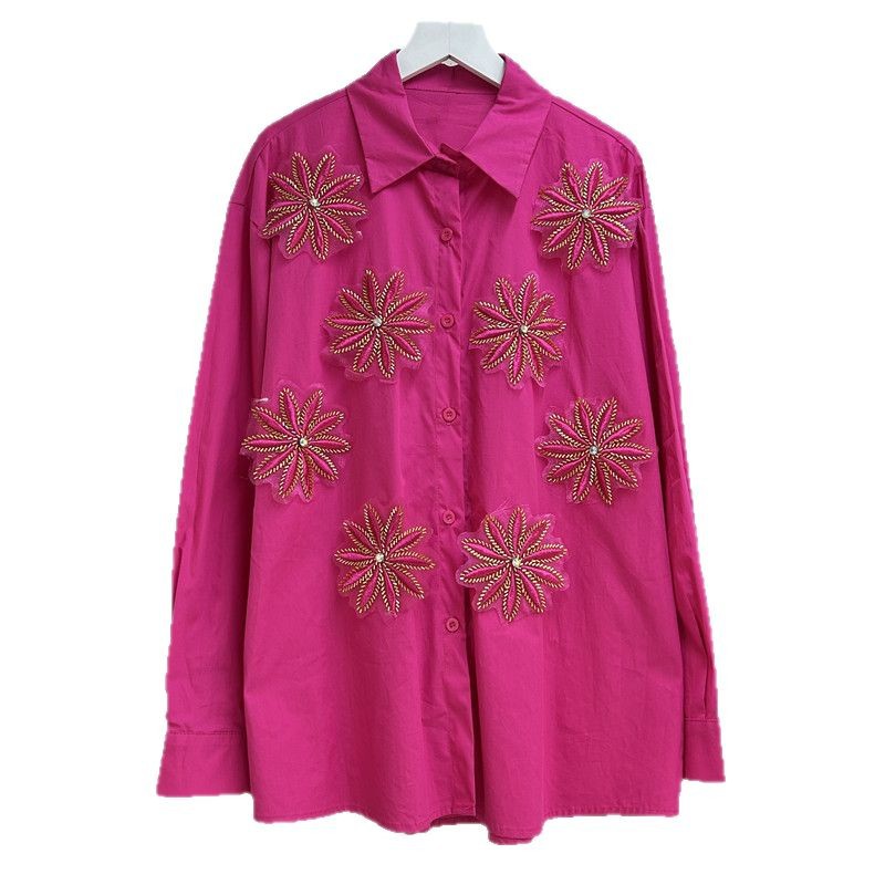 Embroidery Job - Blusen Damen Hemd Vintage Umlegekragen Langarm-Oberteile