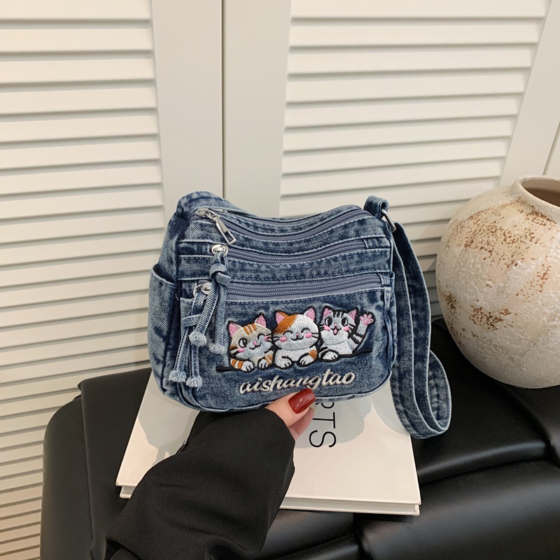 Embroidery Cat - Niedliche Koreanische Umhängetasche mit Katzen-Stickerei, Gewaschene