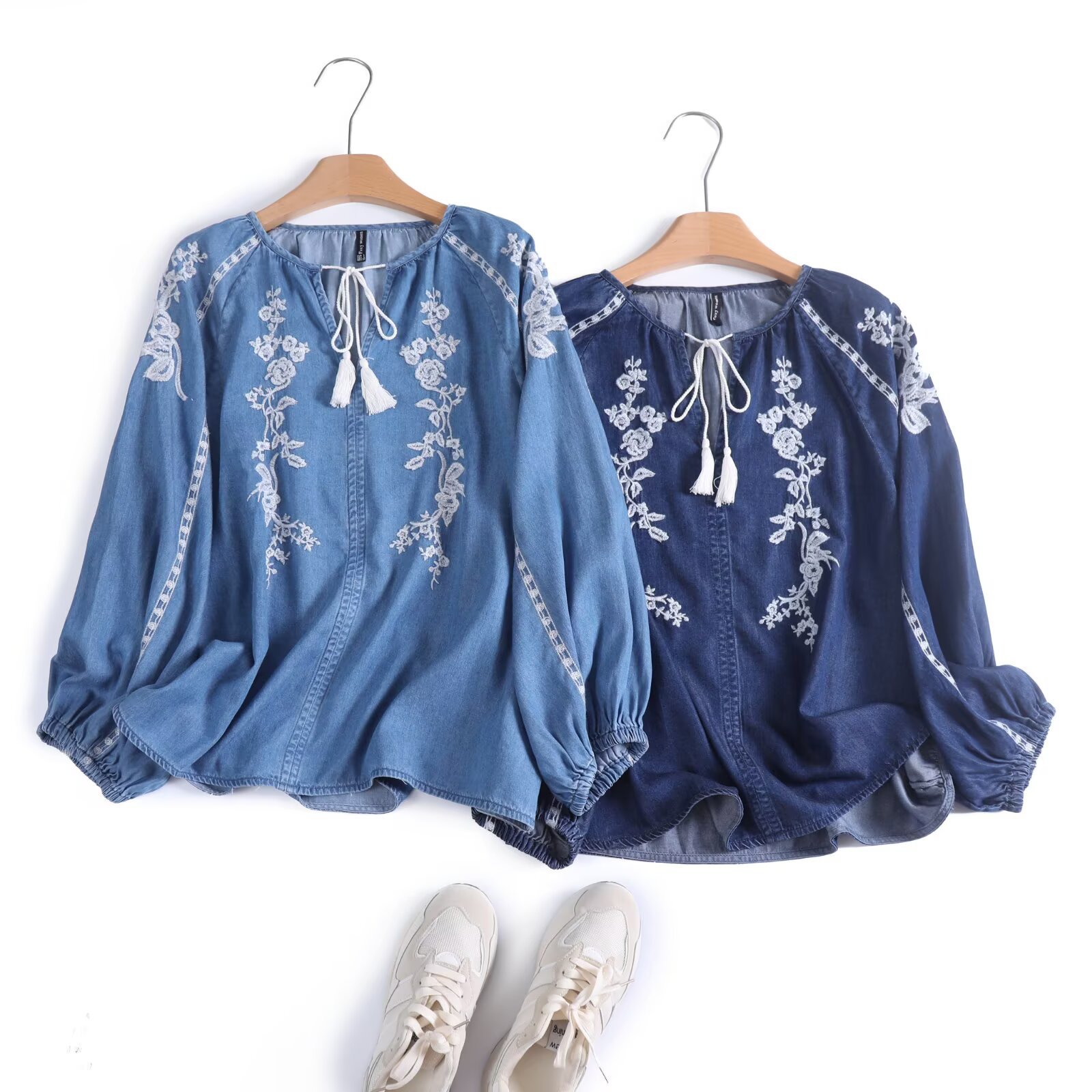 Embroidery On Shirt - Frauen Denim Bluse Top Blume Stickerei