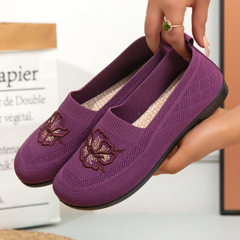 Embroidery Knit - Damen-Strick-Slipper mit Blumenstickerei, flache Schuhe, atmungsaktives
