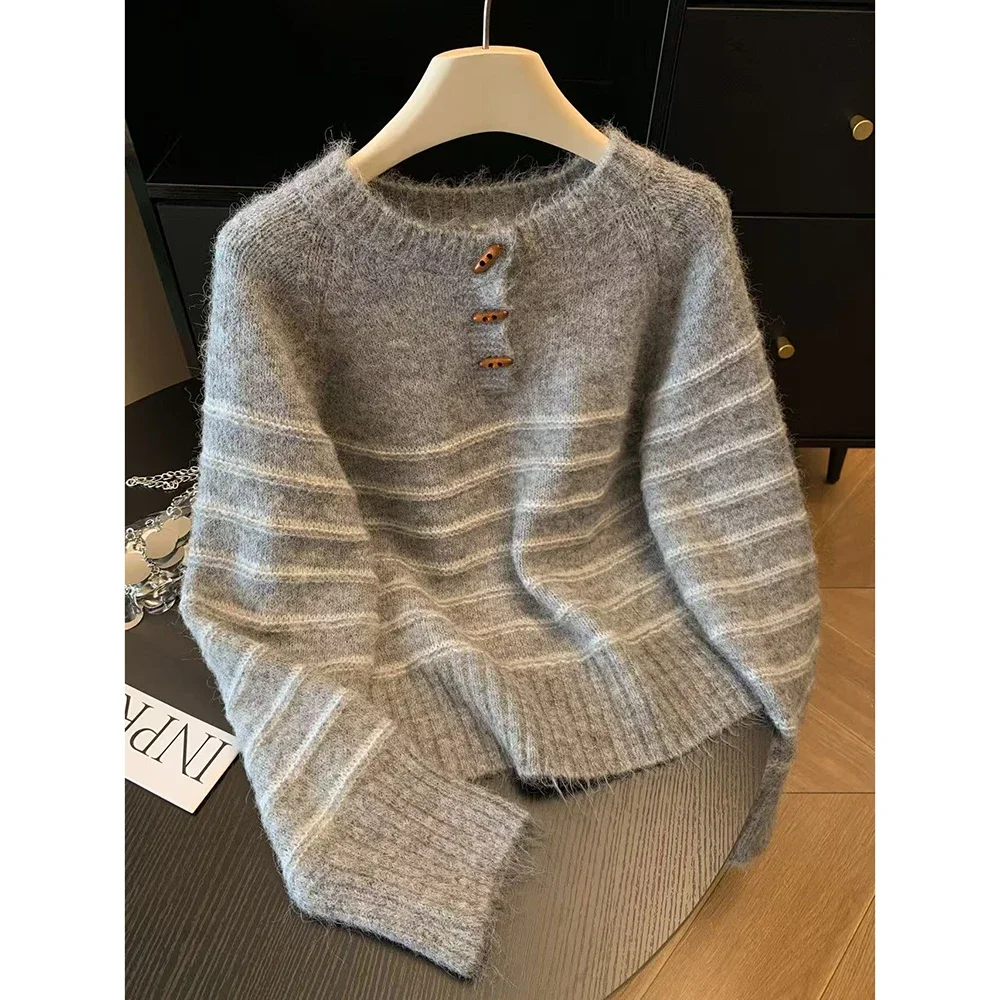 Embroidery Knit - Herbst Winter Damen Gestreifter Woll-Kaschmir-Pullover, Loser