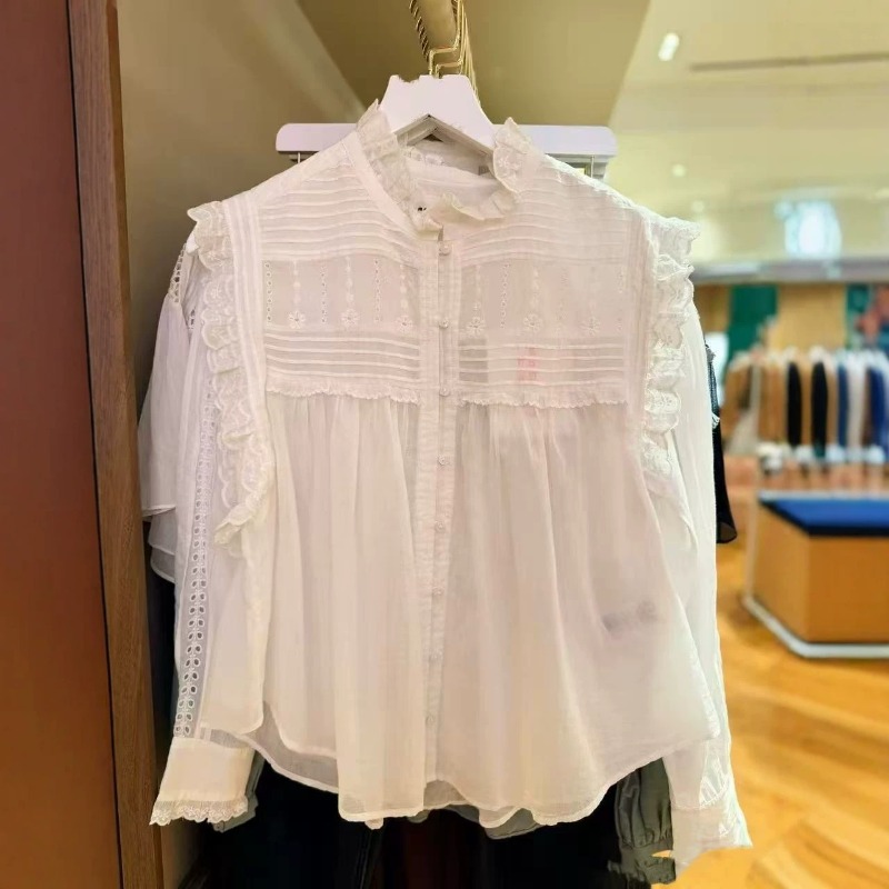 Embroidery Eyelet - Damen-Bluse mit Rüschen, Stehkragen, ärmellos, Spitzen-Lochstickerei,