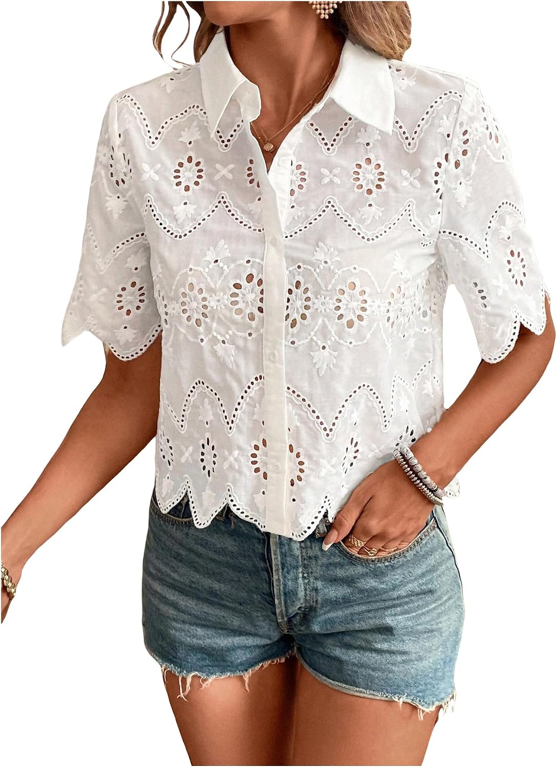 Embroidery Eyelet - Damen Kurzarm-Blusen mit Knopfleiste und Kragen,