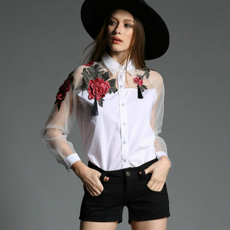 Embroidery On Shirt - Damenmode Blumenstickerei Chiffonbluse Langarm Hohlnetz Spleißen