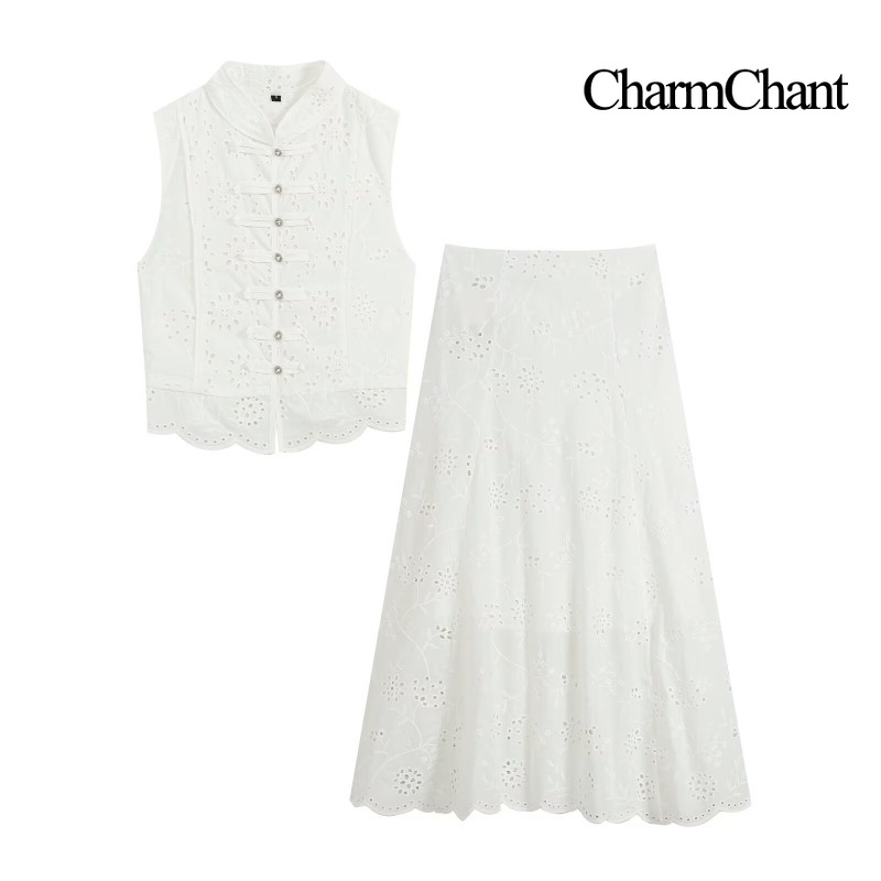 Embroidery Eyelet - CHARMCHANT Damen-Set mit Lochstickerei, zweiteilig, ärmellose