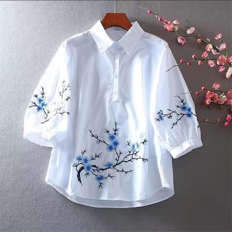 Embroidery On Shirt - Weiß Bestickt Shirt Frauen Bluse Reine