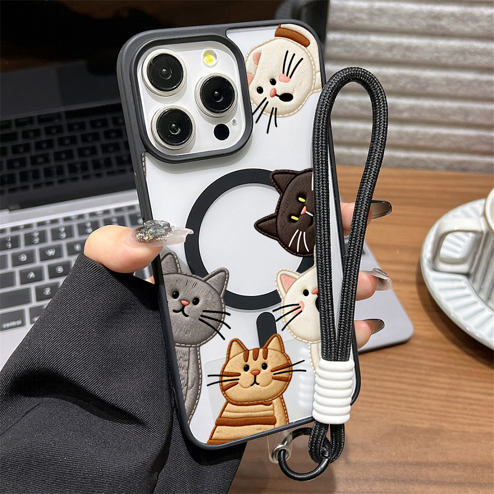 Embroidery Cat - Niedliche Handyhülle mit Kunststickerei-Katzenmotiv für iPhone