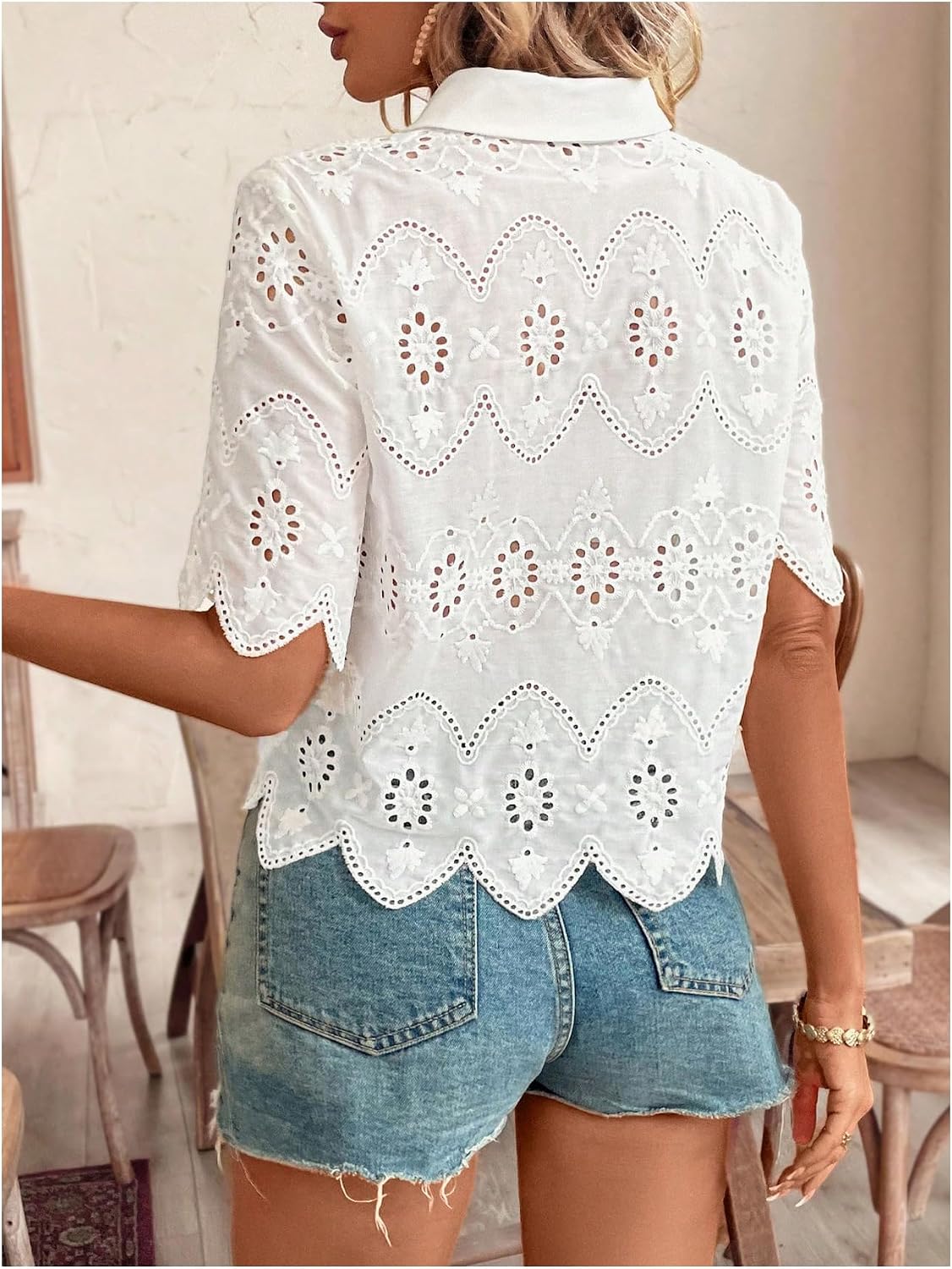 Damen Kurzarm-Blusen mit Knopf – Embroidery Eyelet Bewertung und Preis