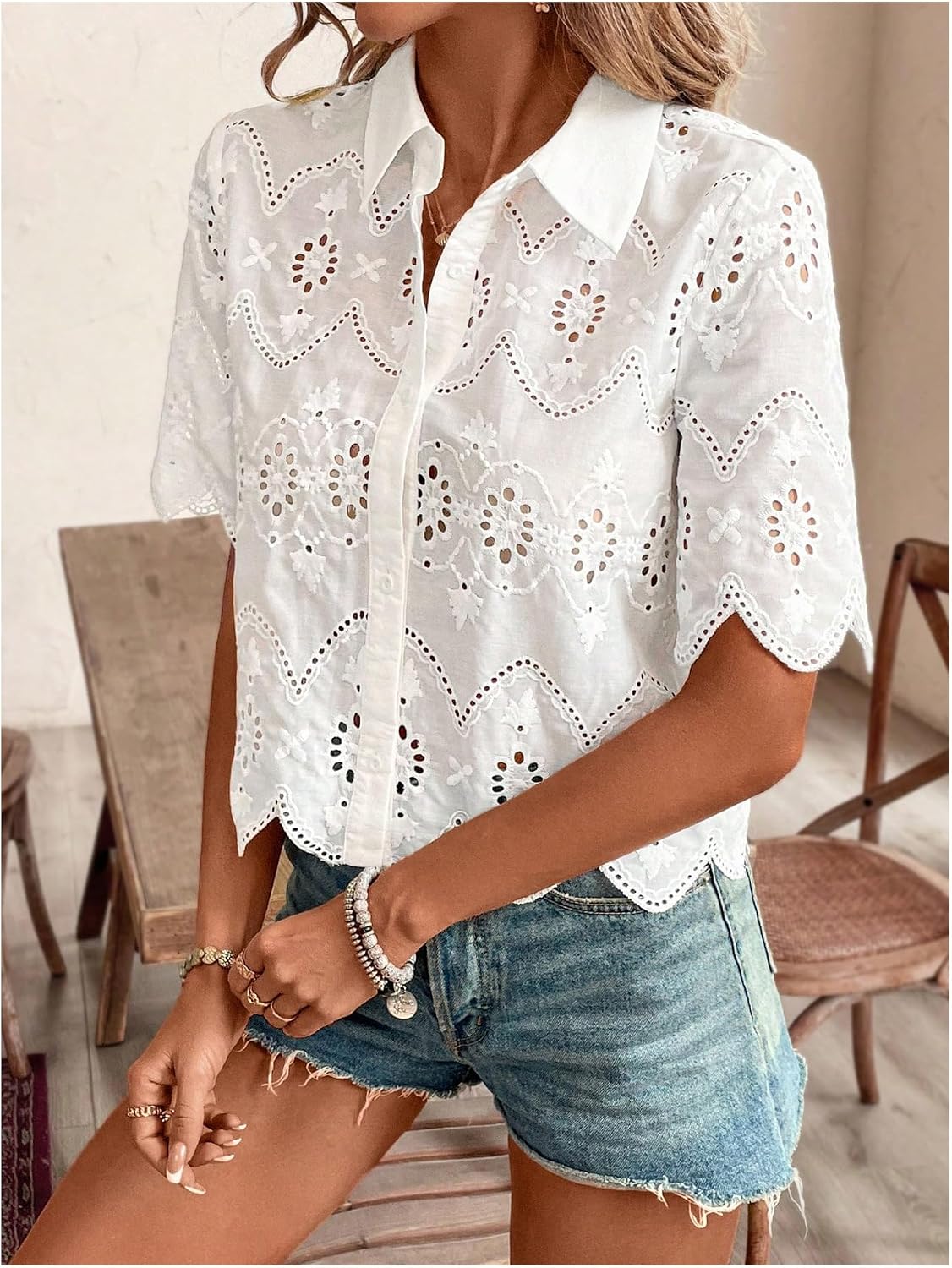Damen Kurzarm-Blusen mit Knopf – Embroidery Eyelet Bewertung und Preis