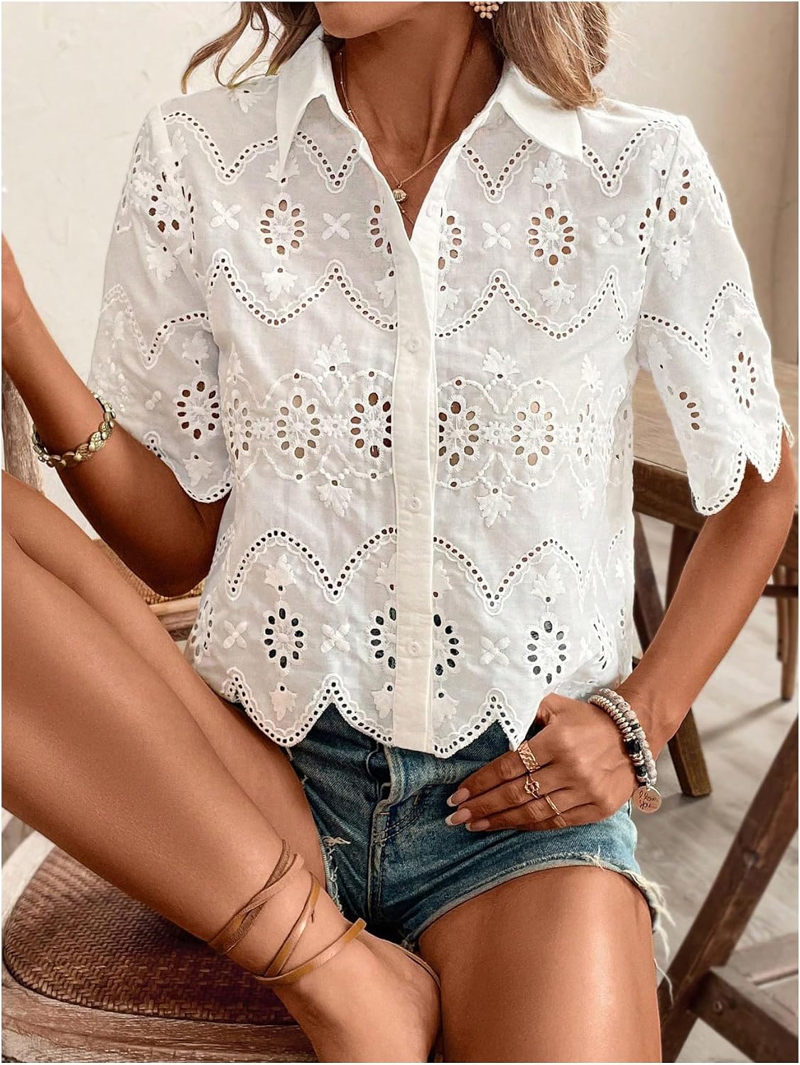 Damen Kurzarm-Blusen mit Knopf – Embroidery Eyelet Bewertung und Preis