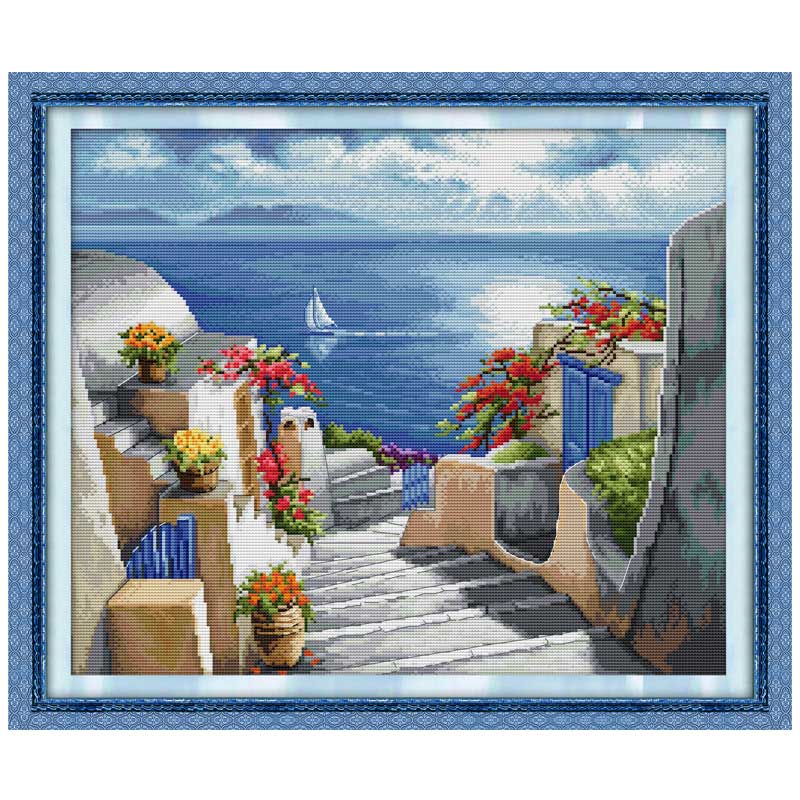 Blaue Santorini Muster gezählt – Embroidery Tas Bewertung und Preis